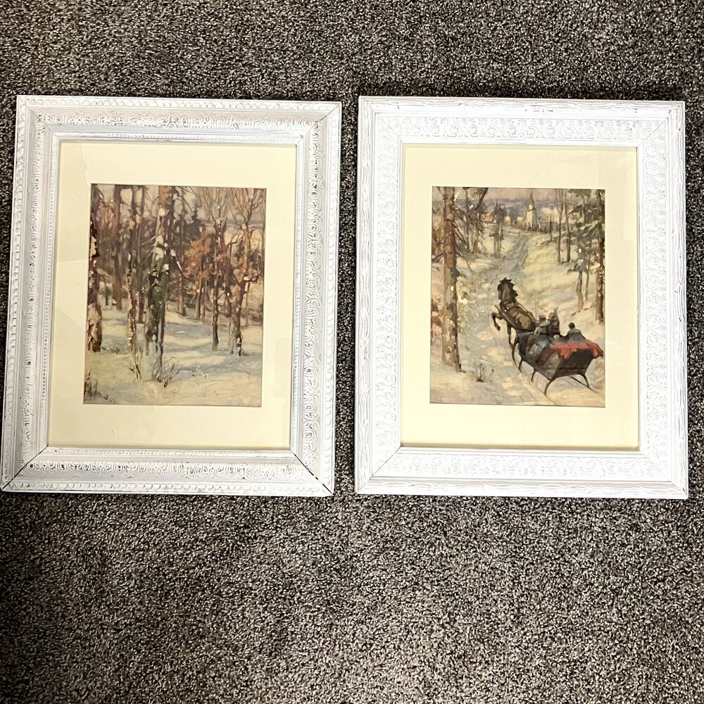 Vintage Framed Winter Scenes - Rustic Landscape Artwork in Wooden Frame